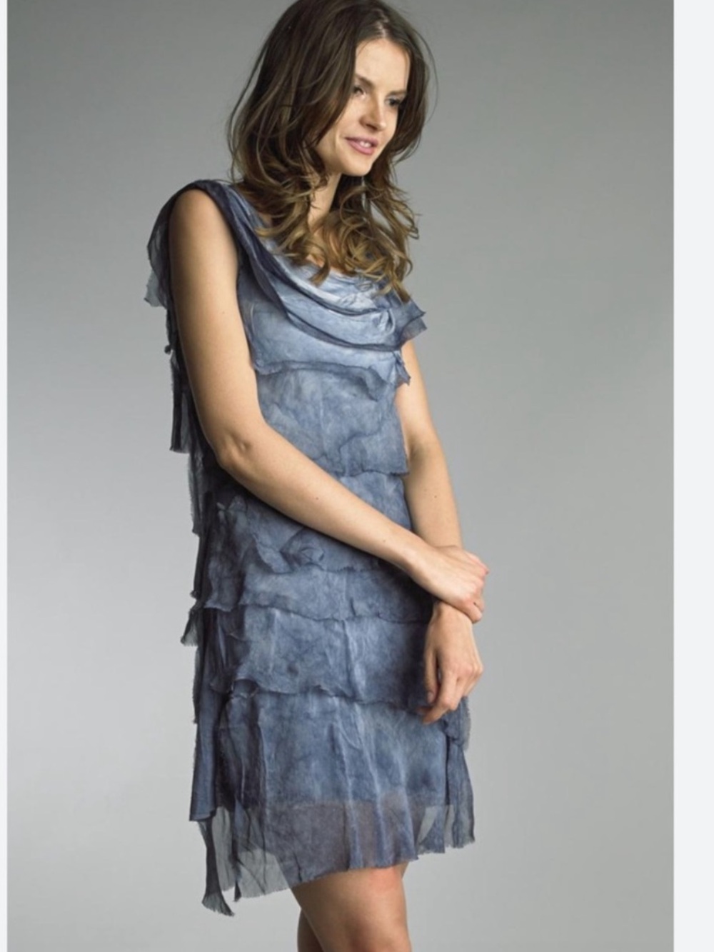 Tempo Paris Blue Layered Silk Sheath Sleveless Dress Women’s Size Small